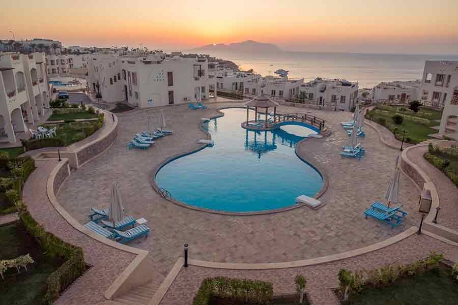 Pool terrace in soft evening light