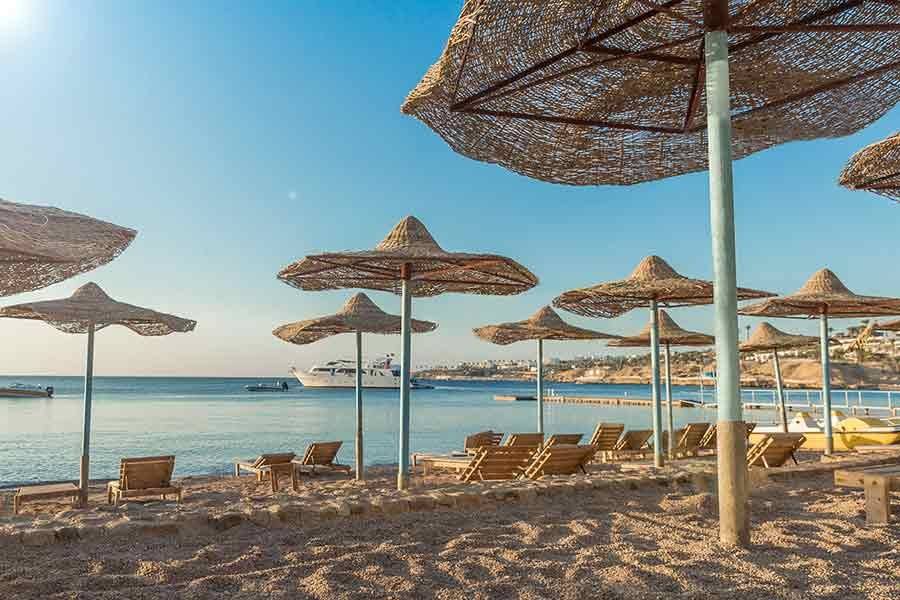 Palm-thatched umbrellas on the sand